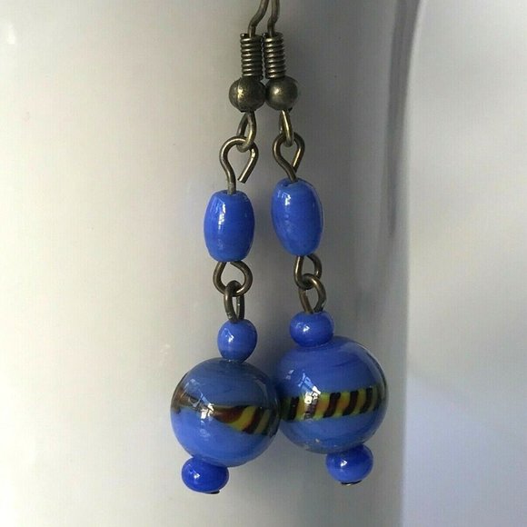Vintage Blue Murano Glass Bead Earrings Dangle Montana Gold Plated - Picture 7 of 10
